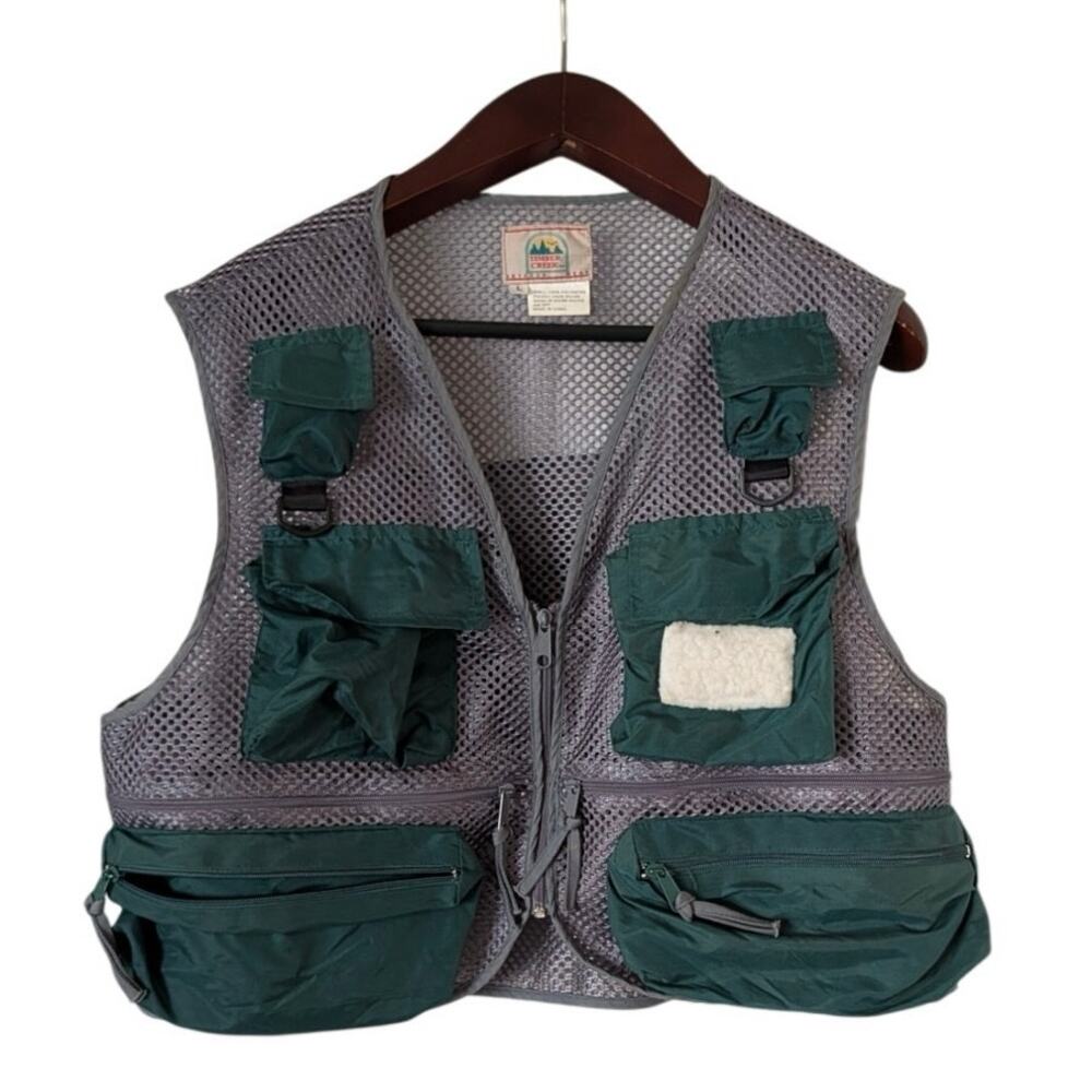 Vintage Timber Creek Outdoor Wear Fishing Vest Mens Large Gray Green Mesh Zip